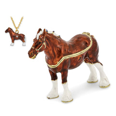 Luxury Giftware by Jere Pewter Bejeweled Crystals Gold-tone Enameled BUD Clydesdale Horse Trinket Box with Matching 18 Inch Necklace