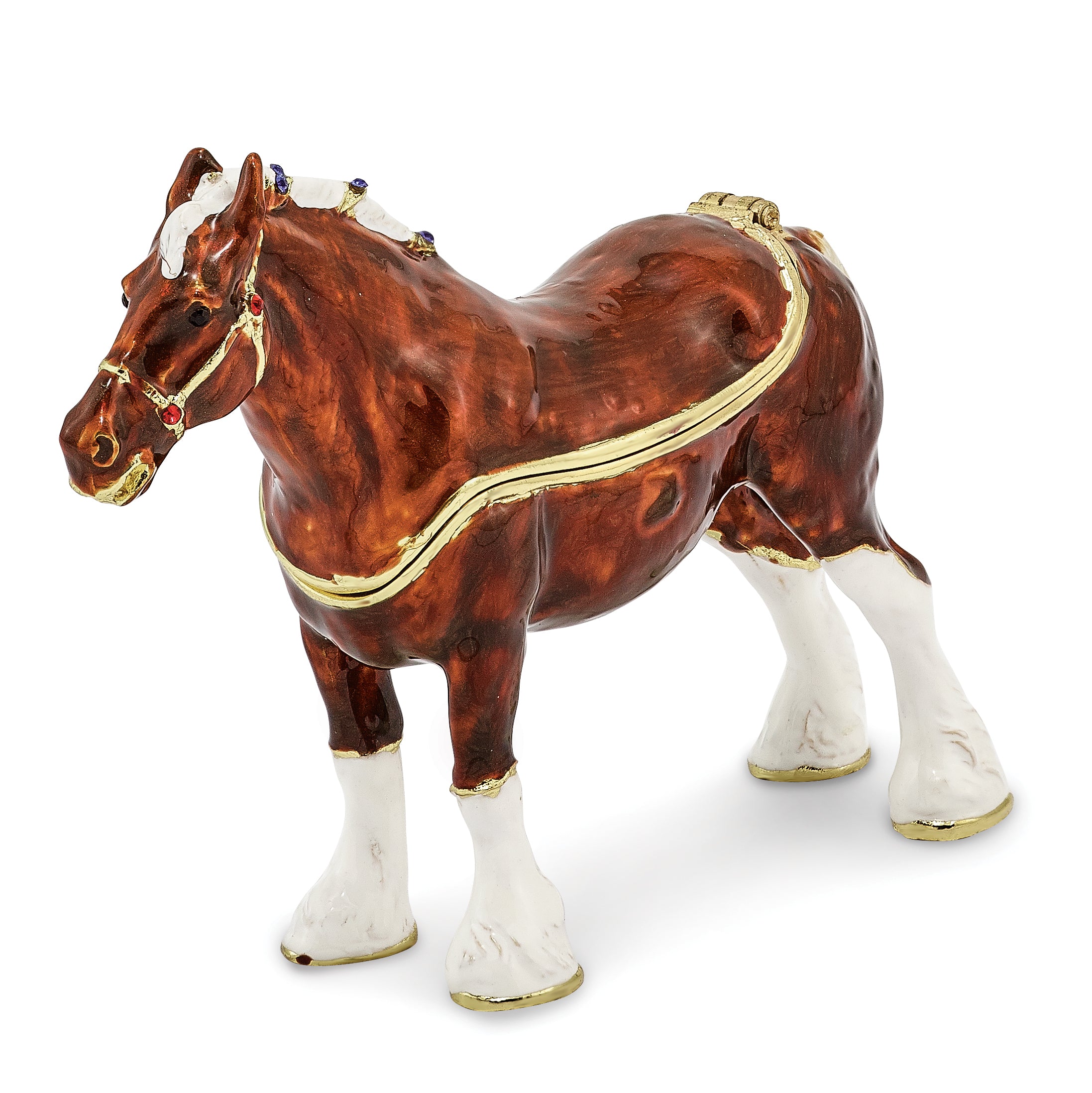 Luxury Giftware by Jere Pewter Bejeweled Crystals Gold-tone Enameled BUD Clydesdale Horse Trinket Box with Matching 18 Inch Necklace