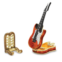 Luxury Giftware by Jere Pewter Bejeweled Crystals Gold-tone Enameled STRUMMIN' TUNES Red Guitar Trinket Box with Matching 18 Inch Necklace