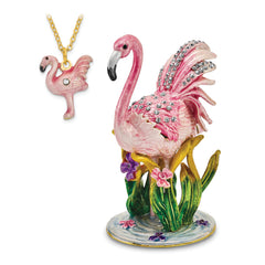 Luxury Giftware by Jere Pewter Bejeweled Crystals Gold-tone Enameled JEZEBEL Pink Flamingo Trinket Box with Matching 18 Inch Necklace