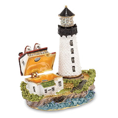 Luxury Giftware by Jere Pewter Bejeweled Crystals Gold-tone Enameled LUMI Guiding Lighthouse Trinket Box with Matching 18 Inch Necklace