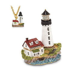 Luxury Giftware by Jere Pewter Bejeweled Crystals Gold-tone Enameled LUMI Guiding Lighthouse Trinket Box with Matching 18 Inch Necklace