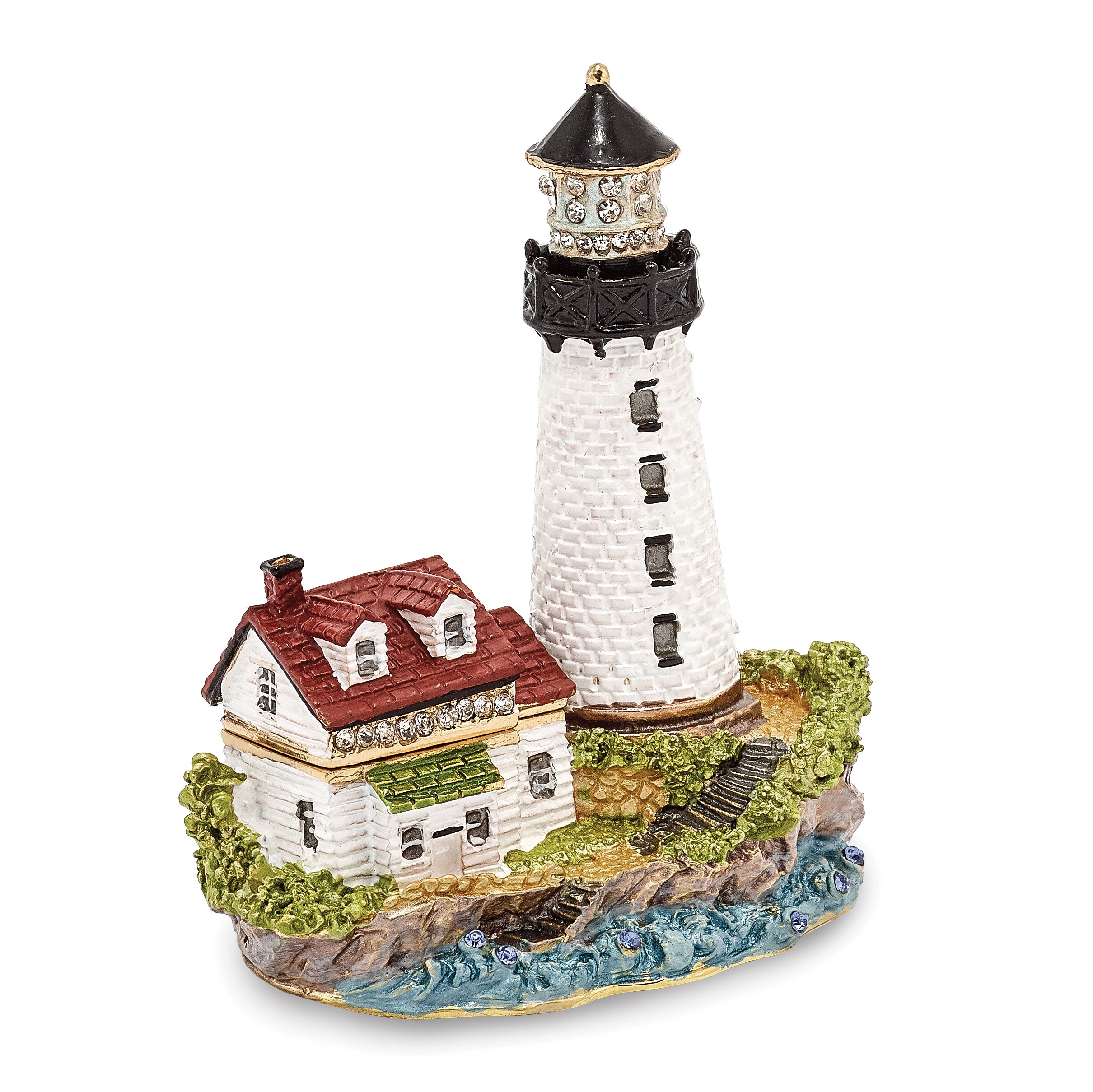 Luxury Giftware by Jere Pewter Bejeweled Crystals Gold-tone Enameled LUMI Guiding Lighthouse Trinket Box with Matching 18 Inch Necklace