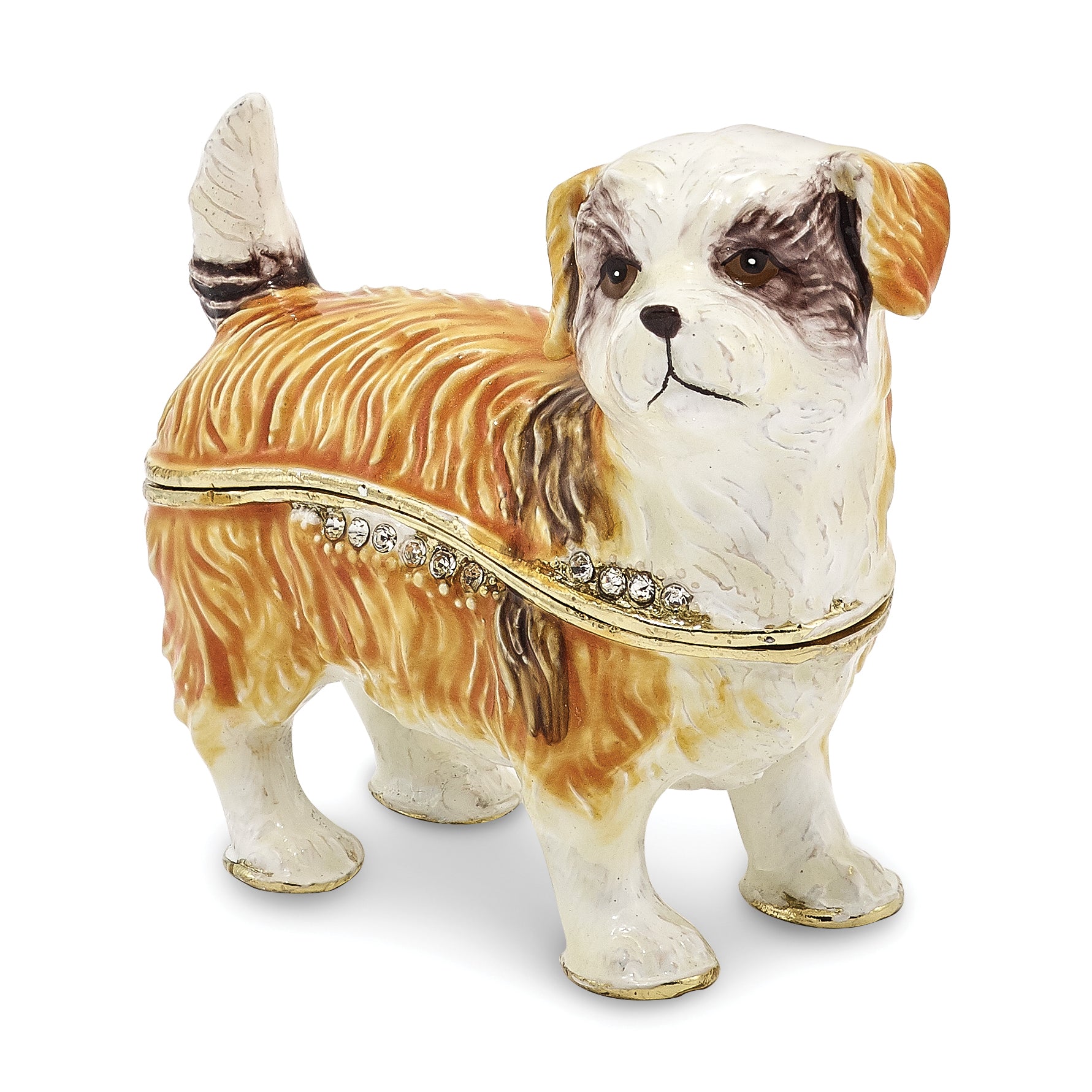 Luxury Giftware by Jere Pewter Bejeweled Crystals Gold-tone Enameled SALLY Shih Tzu Trinket Box with Matching 18 Inch Necklace