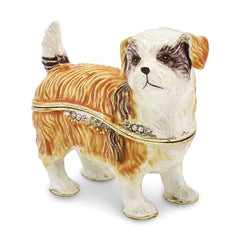 Luxury Giftware by Jere Pewter Bejeweled Crystals Gold-tone Enameled SALLY Shih Tzu Trinket Box with Matching 18 Inch Necklace