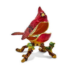 Luxury Giftware by Jere Bejeweled Crystals Gold-tone Enameled CHARLIE Red Cardinal Trinket Box with Matching 18 Inch Necklace
