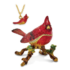 Luxury Giftware by Jere Bejeweled Crystals Gold-tone Enameled CHARLIE Red Cardinal Trinket Box with Matching 18 Inch Necklace