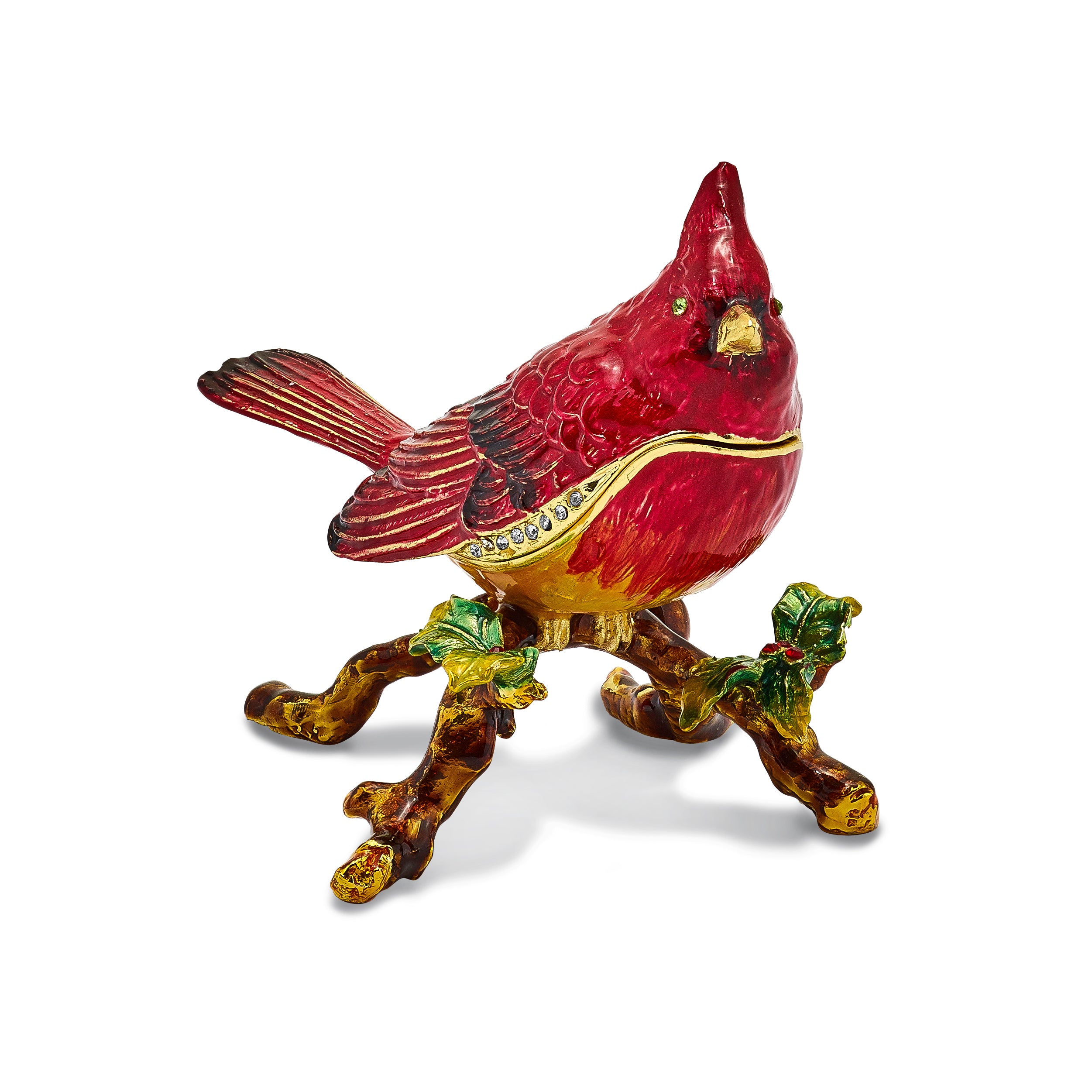 Luxury Giftware by Jere Bejeweled Crystals Gold-tone Enameled CHARLIE Red Cardinal Trinket Box with Matching 18 Inch Necklace