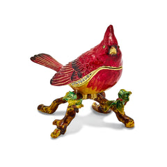 Luxury Giftware by Jere Bejeweled Crystals Gold-tone Enameled CHARLIE Red Cardinal Trinket Box with Matching 18 Inch Necklace