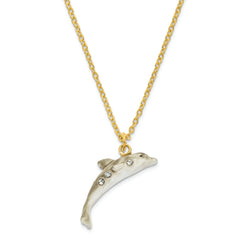 Luxury Giftware by Jere Pewter Bejeweled Crystals Gold-tone Enameled FIONA & FINN Mother & Baby Dolphins Trinket Box with Matching 18 Inch Necklace