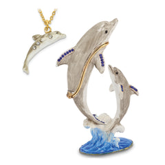 Luxury Giftware by Jere Pewter Bejeweled Crystals Gold-tone Enameled FIONA & FINN Mother & Baby Dolphins Trinket Box with Matching 18 Inch Necklace