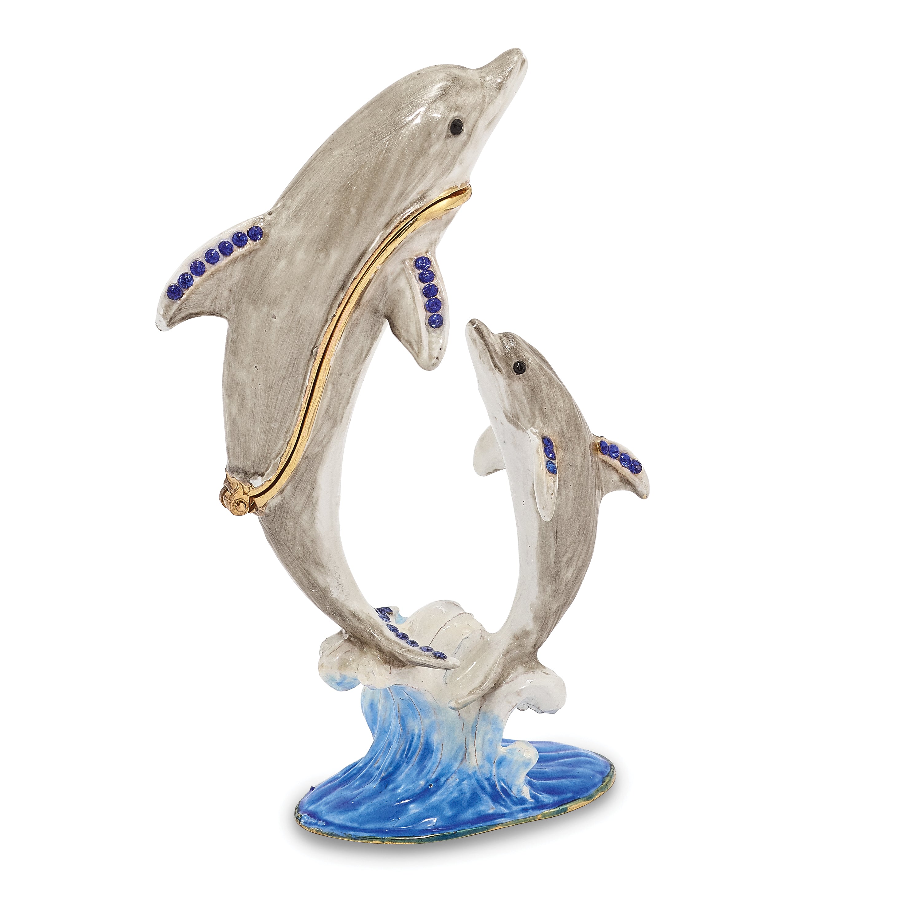 Luxury Giftware by Jere Pewter Bejeweled Crystals Gold-tone Enameled FIONA & FINN Mother & Baby Dolphins Trinket Box with Matching 18 Inch Necklace