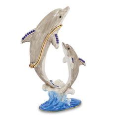 Luxury Giftware by Jere Pewter Bejeweled Crystals Gold-tone Enameled FIONA & FINN Mother & Baby Dolphins Trinket Box with Matching 18 Inch Necklace