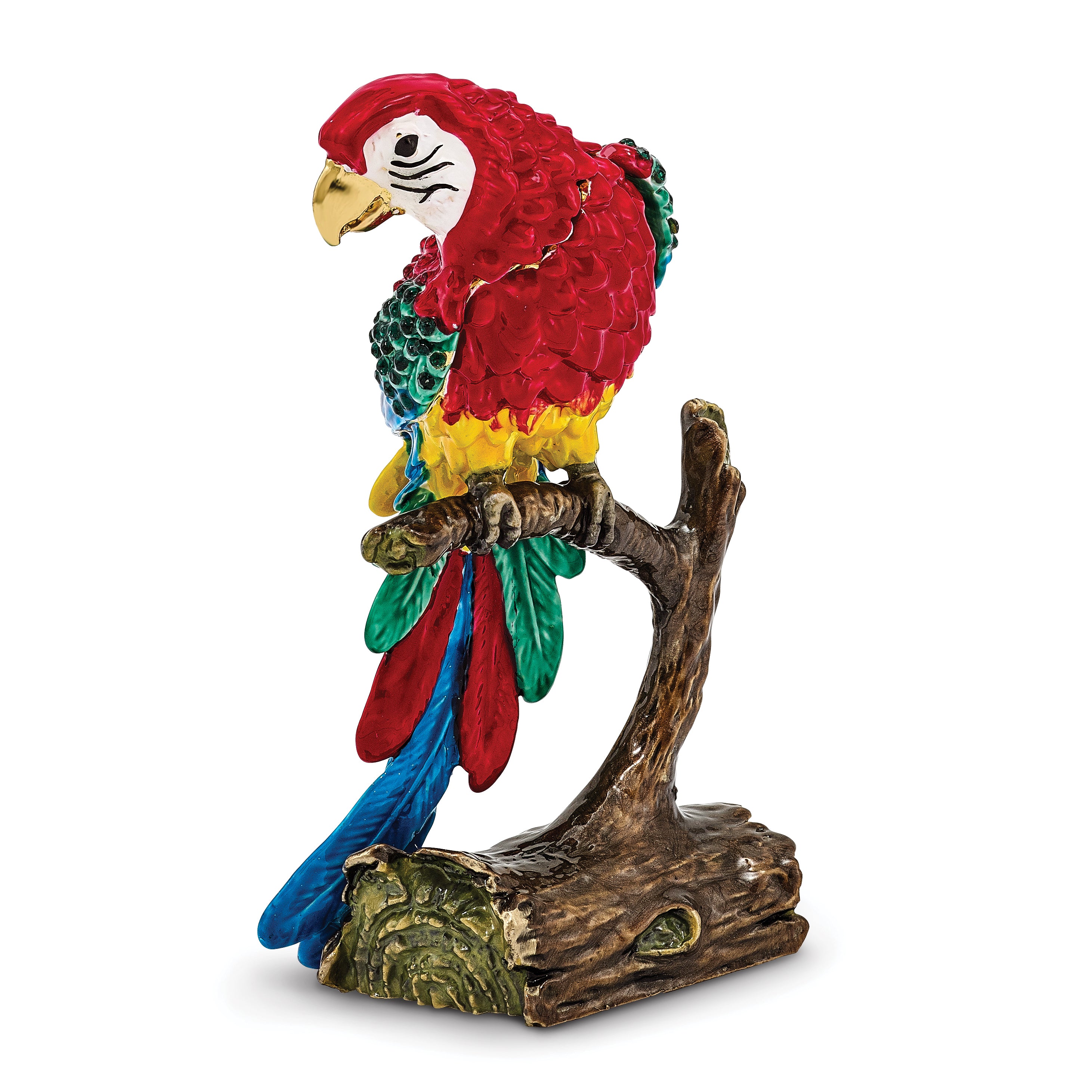Luxury Giftware by Jere Pewter Bejeweled Crystals Gold-tone Enameled GOLDNOSE Macaw Parrot Trinket Box with Matching 18 Inch Necklace