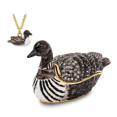 Luxury Giftware Pewter Bejeweled Crystals Gold-tone Enameled CARLO Loon Duck Trinket Box with Matching 18 Inch Necklace
