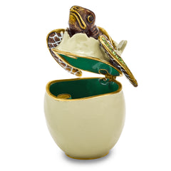 Luxury Giftware by Jere Pewter Bejeweled Crystals Gold-tone Enameled EGGBERT Turtle Hatchling Trinket Box with Matching 18 Inch Necklace