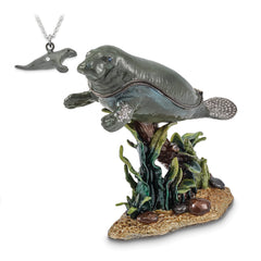 Luxury Giftware by Jere Pewter Bejeweled Crystals Pewter-tone Enameled MANNY Manatee With Seaweed Trinket Box with Matching 18 Inch Necklace