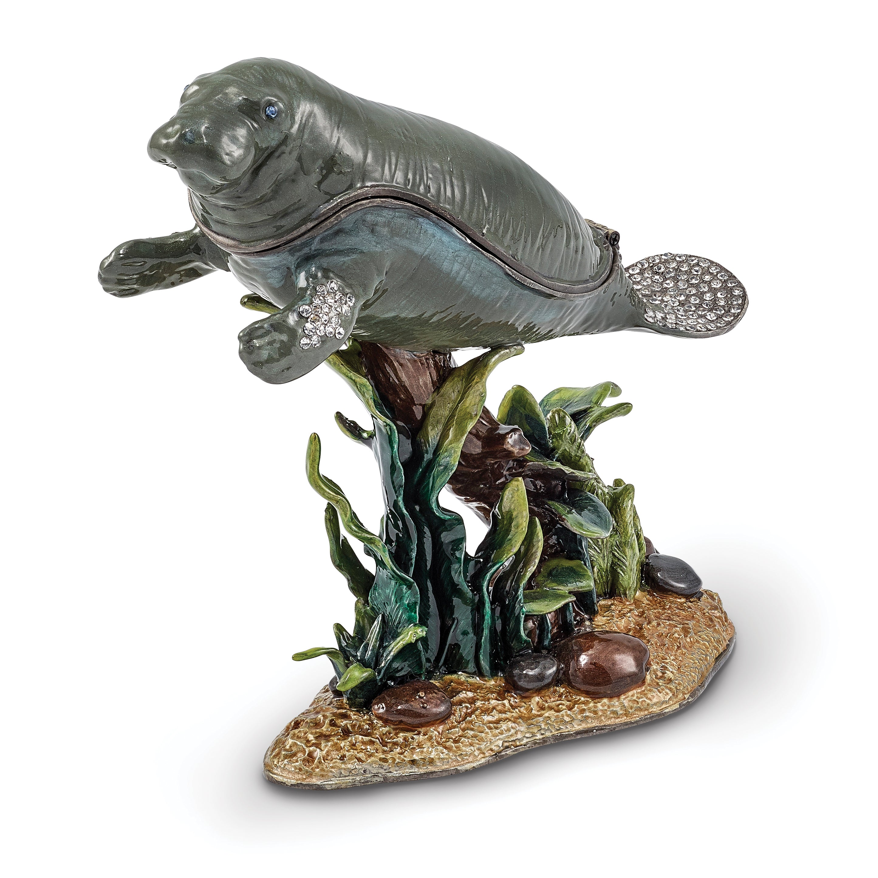 Luxury Giftware by Jere Pewter Bejeweled Crystals Pewter-tone Enameled MANNY Manatee With Seaweed Trinket Box with Matching 18 Inch Necklace