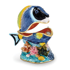 Luxury Giftware by Jere Pewter Bejeweled Crystals Gold-tone Enameled BLAKE Blue Tang Fish Trinket Box with Matching 18 Inch Necklace