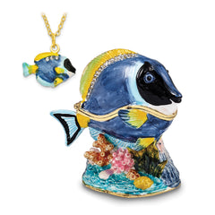 Luxury Giftware by Jere Pewter Bejeweled Crystals Gold-tone Enameled BLAKE Blue Tang Fish Trinket Box with Matching 18 Inch Necklace