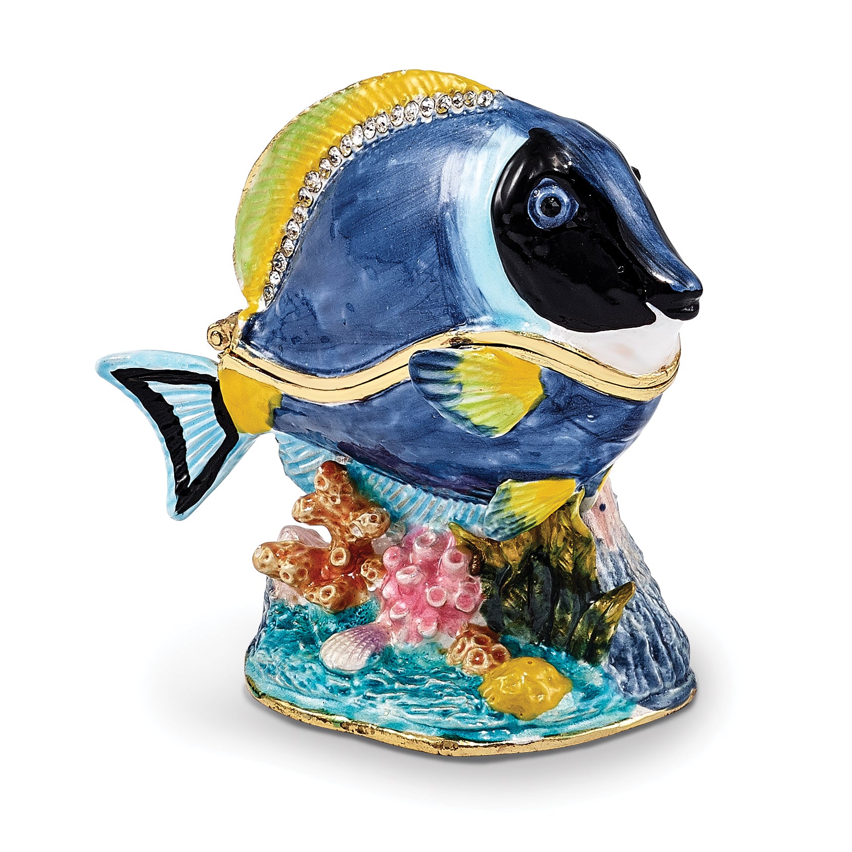 Luxury Giftware by Jere Pewter Bejeweled Crystals Gold-tone Enameled BLAKE Blue Tang Fish Trinket Box with Matching 18 Inch Necklace