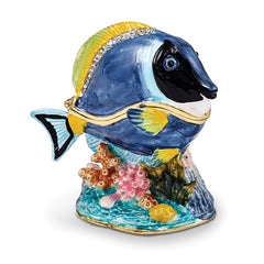 Luxury Giftware by Jere Pewter Bejeweled Crystals Gold-tone Enameled BLAKE Blue Tang Fish Trinket Box with Matching 18 Inch Necklace