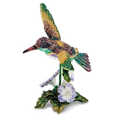 Luxury Giftware by Jere Pewter Bejeweled Crystals Gold-tone Enameled HUEY Hummingbird & Petunia Trinket Box with Matching 18 Inch Necklace