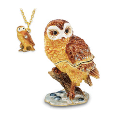Luxury Giftware by Jere Pewter Bejeweled Crystals Gold-tone Enameled MR. WHOO Barn Owl Trinket Box with Matching 18 Inch Necklace