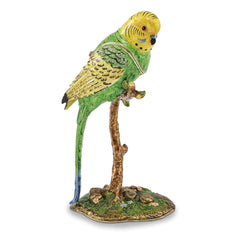 Luxury Giftware Pewter Bejeweled Crystals Gold-tone Enameled PACO Large Parakeet Parrot Trinket Box with Matching 18 Inch Necklace