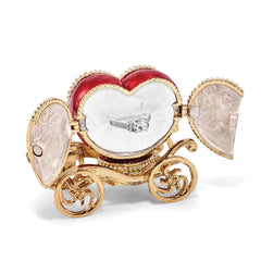 Luxury Giftware by Jere Pewter Bejeweled Crystals Gold-tone Enameled SCARLET HEART Carriage With Ring Pad Trinket Box with Matching 18 Inch Necklace
