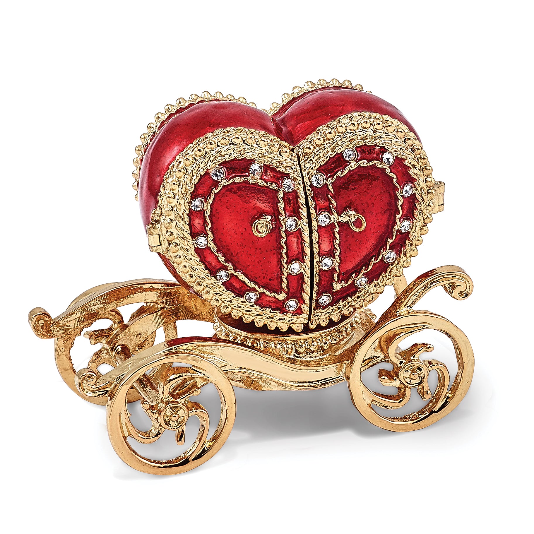 Luxury Giftware by Jere Pewter Bejeweled Crystals Gold-tone Enameled SCARLET HEART Carriage With Ring Pad Trinket Box with Matching 18 Inch Necklace