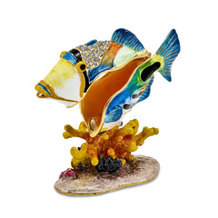 Luxury Giftware by Jere Pewter Bejeweled Crystals Gold-tone Enameled TRIGGER Humu Humu Fish Trinket Box with Matching 18 Inch Necklace