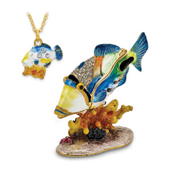 Luxury Giftware by Jere Pewter Bejeweled Crystals Gold-tone Enameled TRIGGER Humu Humu Fish Trinket Box with Matching 18 Inch Necklace