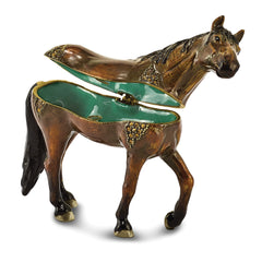 Luxury Giftware by Jere Pewter Bejeweled Crystals Gold-tone Enameled SPENCER Dark Bay Horse Trinket Box with Matching 18 Inch Necklace