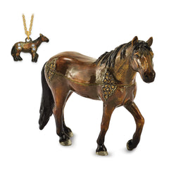 Luxury Giftware by Jere Pewter Bejeweled Crystals Gold-tone Enameled SPENCER Dark Bay Horse Trinket Box with Matching 18 Inch Necklace