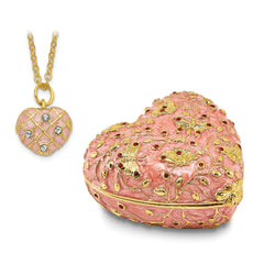 Luxury Giftware by Jere Pewter Bejeweled Crystals Gold-tone Enameled BUTTERFLY KISSES Pink Heart Trinket Box with Matching 18 Inch Necklace