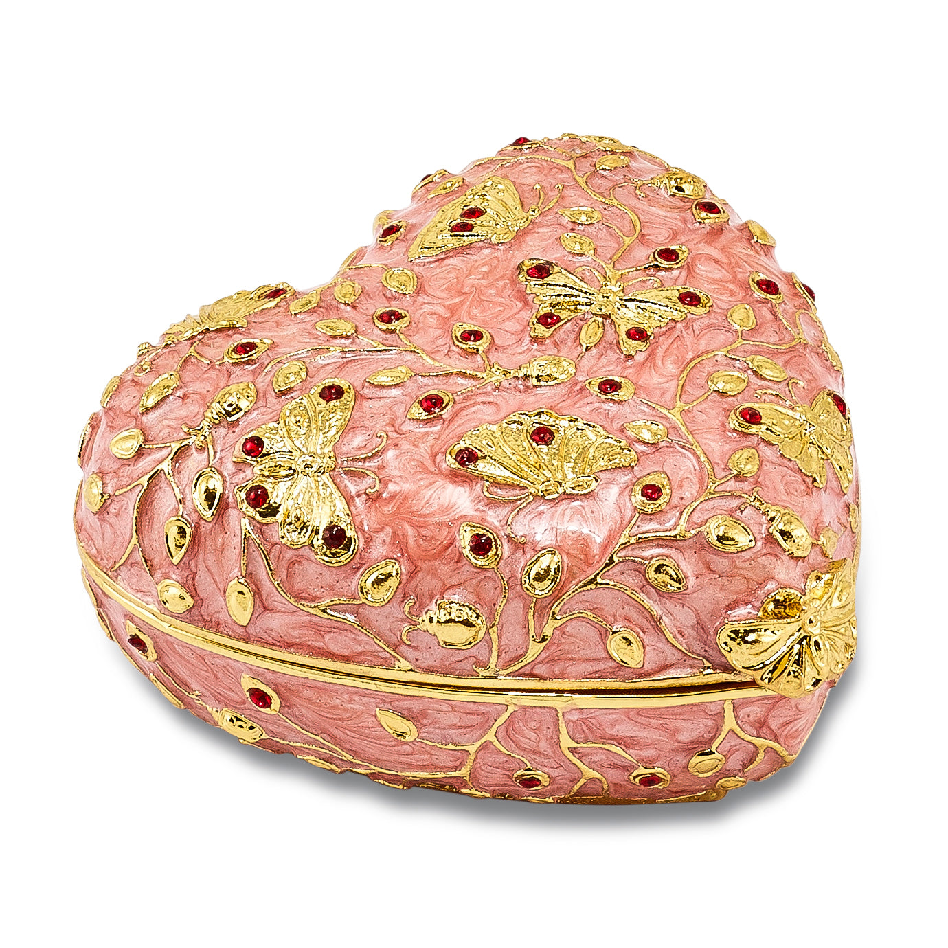Luxury Giftware by Jere Pewter Bejeweled Crystals Gold-tone Enameled BUTTERFLY KISSES Pink Heart Trinket Box with Matching 18 Inch Necklace