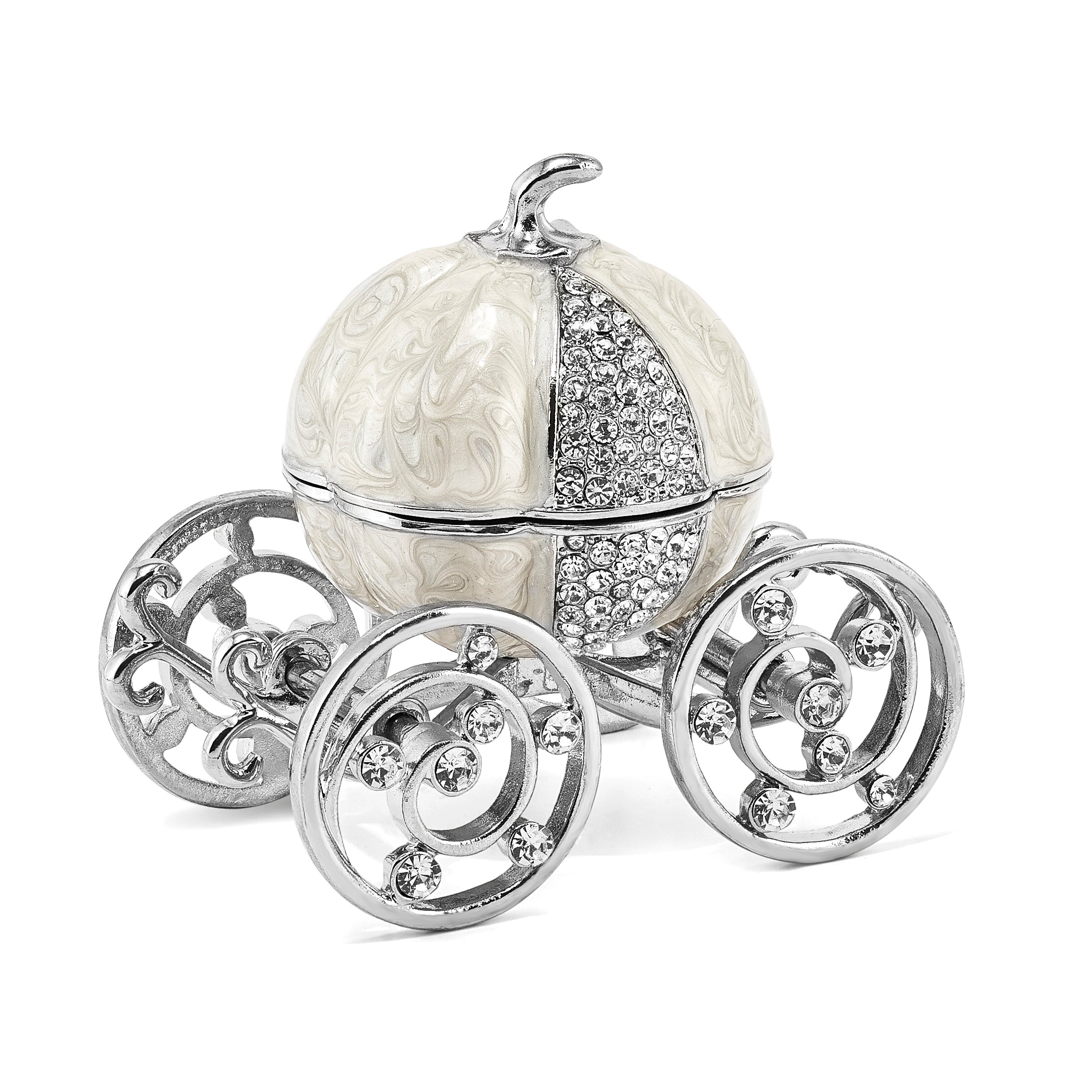 Luxury Giftware by Jere Pewter Bejeweled Crystals Silver-tone Enameled EVER AFTER Pumpkin Coach With Ring Pad Trinket Box with Matching 18 Inch Necklace