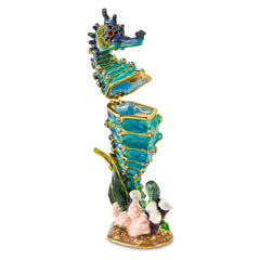 Luxury Giftware by Jere Pewter Bejeweled Crystals Gold-tone Enameled SIMON Seahorse Trinket Box with Matching 18 Inch Necklace