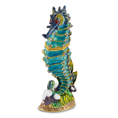 Luxury Giftware by Jere Pewter Bejeweled Crystals Gold-tone Enameled SIMON Seahorse Trinket Box with Matching 18 Inch Necklace