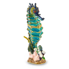 Luxury Giftware by Jere Pewter Bejeweled Crystals Gold-tone Enameled SIMON Seahorse Trinket Box with Matching 18 Inch Necklace