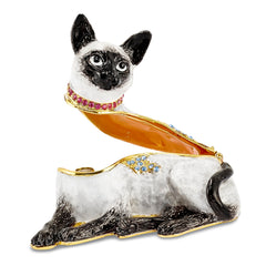 Luxury Giftware by Jere Pewter Bejeweled Crystals Gold-tone Enameled SOPHIE Siamese Cat Trinket Box with Matching 18 Inch Necklace