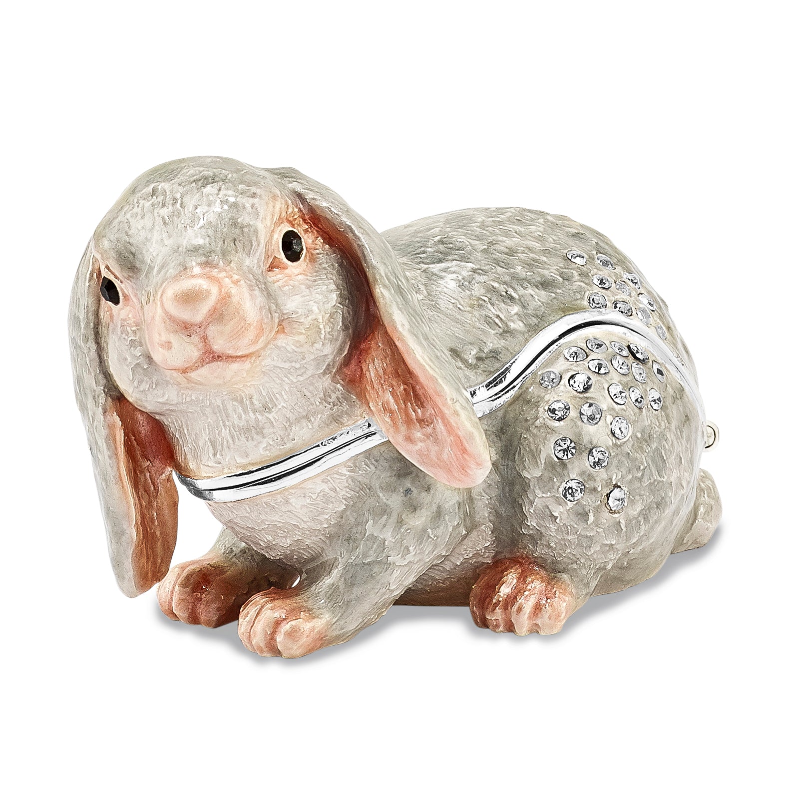 Luxury Giftware by Jere Pewter Bejeweled Crystals Silver-tone Enameled PHOEBE Floppy Ear Bunny Trinket Box with Matching 18 Inch Necklace