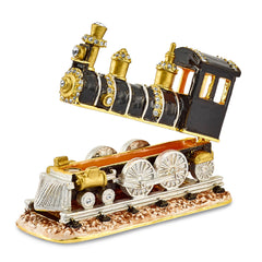 Luxury Giftware by Jere Bejeweled Crystals Gold-tone Enameled AXEL Steam Engine Trinket Box with Matching 18 Inch Necklace
