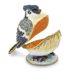 Luxury Giftware by Jere Pewter Bejeweled Crystals Gold-tone Enameled ADMIRAL Blue Jay Trinket Box with Matching 18 Inch Necklace