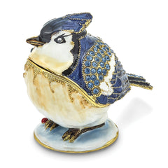 Luxury Giftware by Jere Pewter Bejeweled Crystals Gold-tone Enameled ADMIRAL Blue Jay Trinket Box with Matching 18 Inch Necklace
