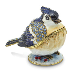 Luxury Giftware by Jere Pewter Bejeweled Crystals Gold-tone Enameled ADMIRAL Blue Jay Trinket Box with Matching 18 Inch Necklace