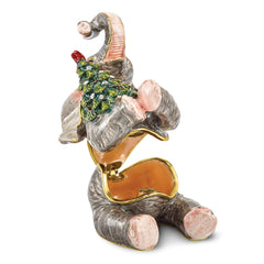 Luxury Giftware Pewter Bejeweled Crystals Gold-tone Enameled ELROY Elephant With Christmas Tree Trinket Box with Matching 18 Inch Necklace