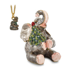 Luxury Giftware Pewter Bejeweled Crystals Gold-tone Enameled ELROY Elephant With Christmas Tree Trinket Box with Matching 18 Inch Necklace