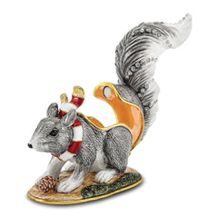 Luxury Giftware by Jere Bejeweled Crystals Gold-tone Enameled MAVERICK Winter Grey Squirrel Trinket Box with Matching 18 Inch Necklace